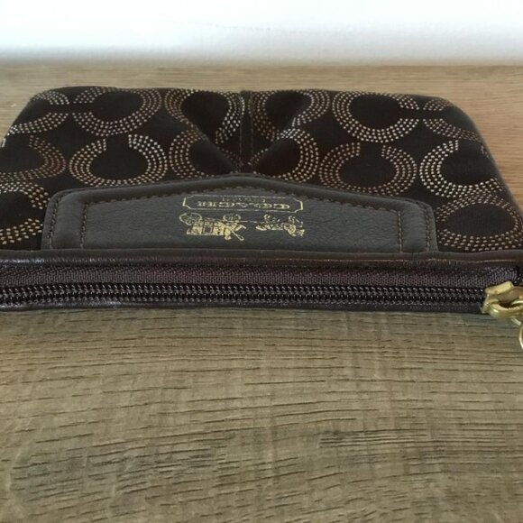 Coach Madison Brown Satin Fabric Wristlet Leather Trim Horse & Carriage Emblem - Picture 7 of 8